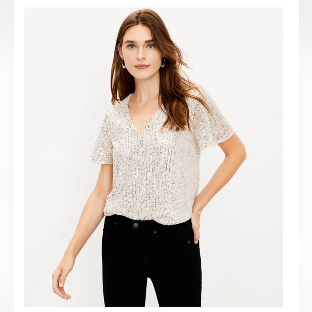 🪩✨NWT Loft Sequin V Neck Flutter Top in XS